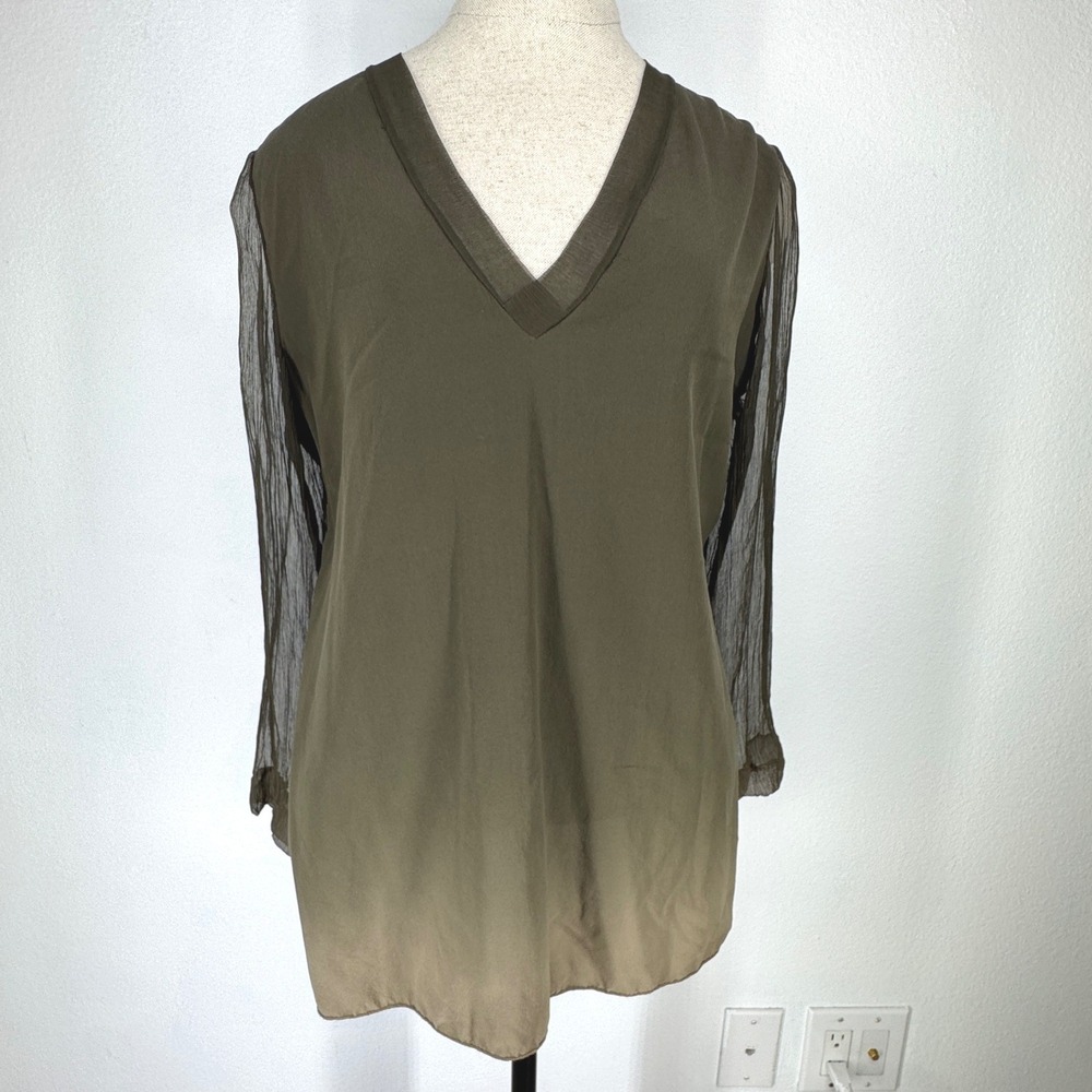 Viviana Uchitel 100% Silk Ombre Top Sheer Sleeves Olive Green Luxury Oversized